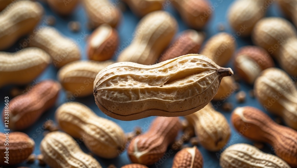 Poster close-up of single peanut in shell with scattered peanuts in background showcasing texture and detai