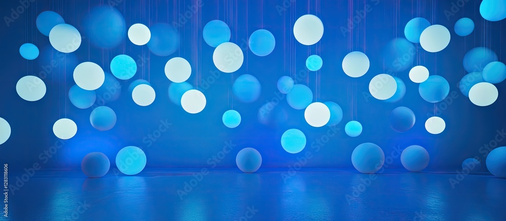 Poster abstract blue background featuring varying sizes of teal and white circles softly illuminated, creat
