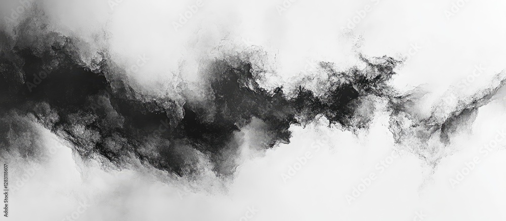 Poster Abstract black and white panorama featuring swirling fog and clouds with varying shades of gray positioned centrally against a light backdrop