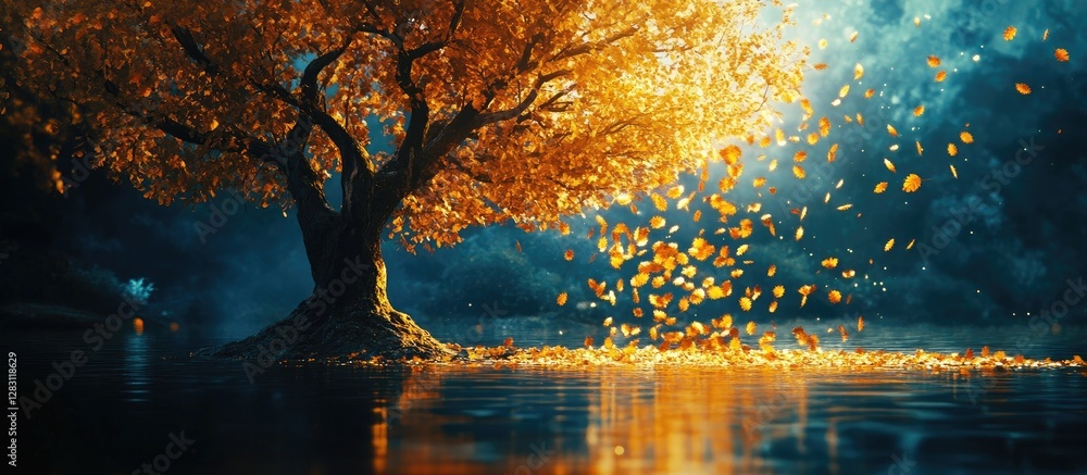 Poster majestic autumn tree with golden leaves glowing against a twilight backdrop, reflecting in a serene 