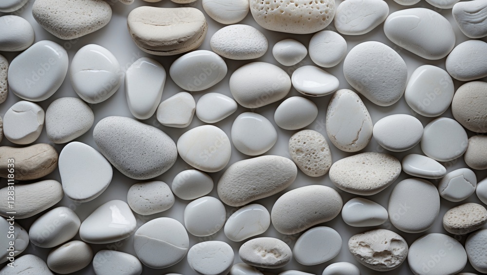 Poster white pebbles and stones arranged on a surface showcasing various shapes and textures in a natural a