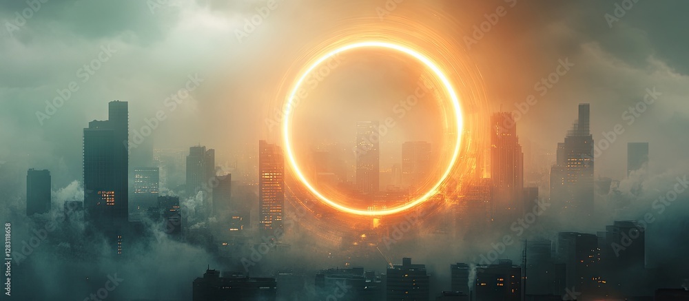 Poster luminous circular frame glowing orange in center of hazy urban skyline with dark buildings on edges 