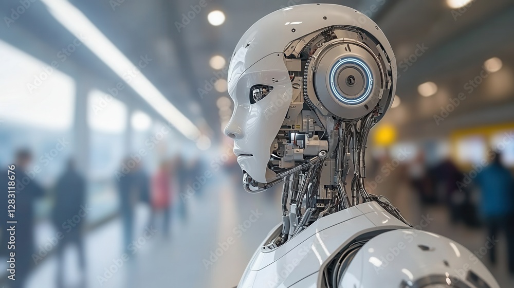 Poster robot and futuristic concept, robot face in a modern environment