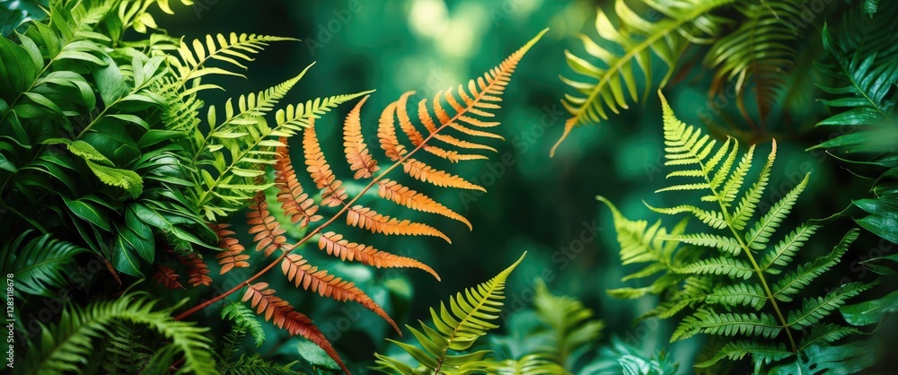 Poster vibrant green and orange ferns in a dense lush tropical forest background with soft bokeh effect and