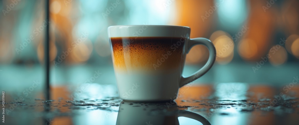 Aufkleber coffee cup on a reflective surface with bokeh background highlighting warm tones and texture of beve