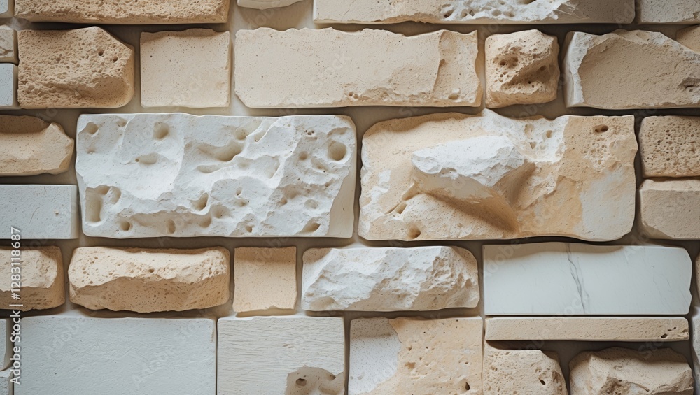 Aufkleber textured wall of beige and white natural stone blocks arranged in an irregular pattern featuring var