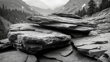 Layered rock formations in monochrome with mountainous backdrop and coniferous trees in a serene landscape.