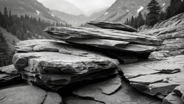 Layered rock formations in monochrome with mountainous backdrop and coniferous trees in a serene landscape.