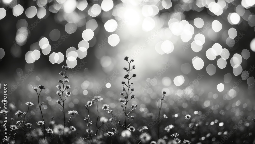 Poster black and white image of wildflowers in a field with soft focus bokeh background creating a dreamy a