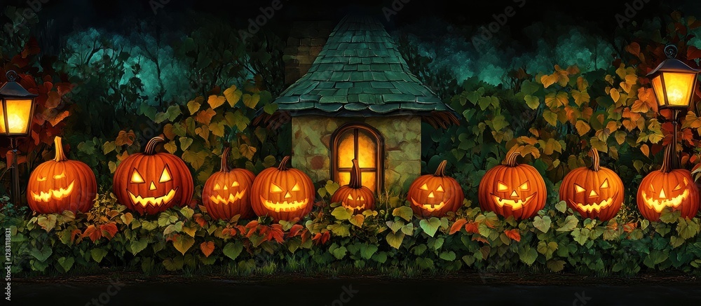 Poster vibrant halloween pumpkins with carved faces arranged in a row against a dark background and soft gl
