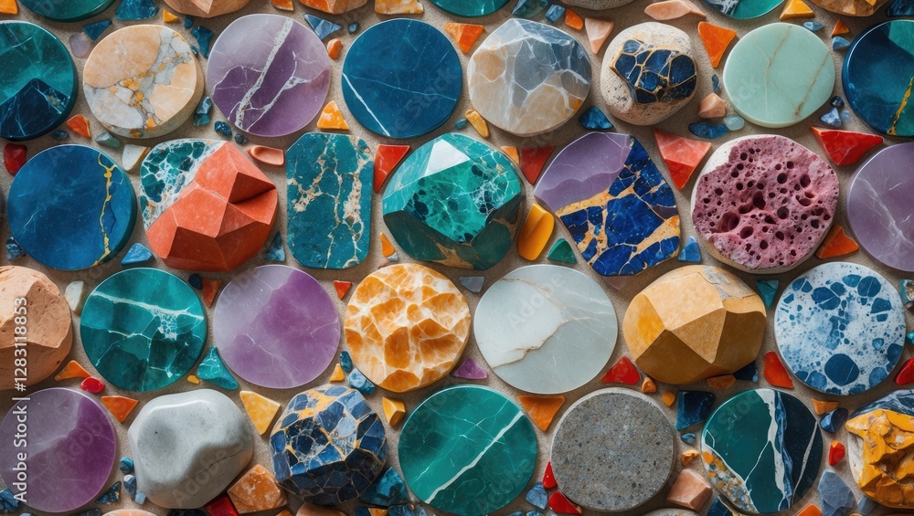 Poster colorful textured surface of various stone and mineral shapes arranged in a pattern background detai