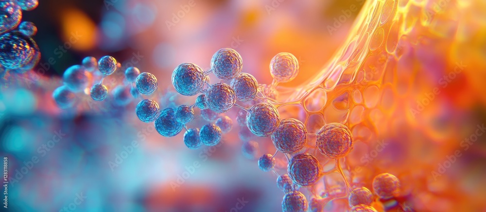 Poster Abstract close-up of colorful organic molecules with blue spheres and soft glowing background hues of orange and teal illustrating fluidity and movement.
