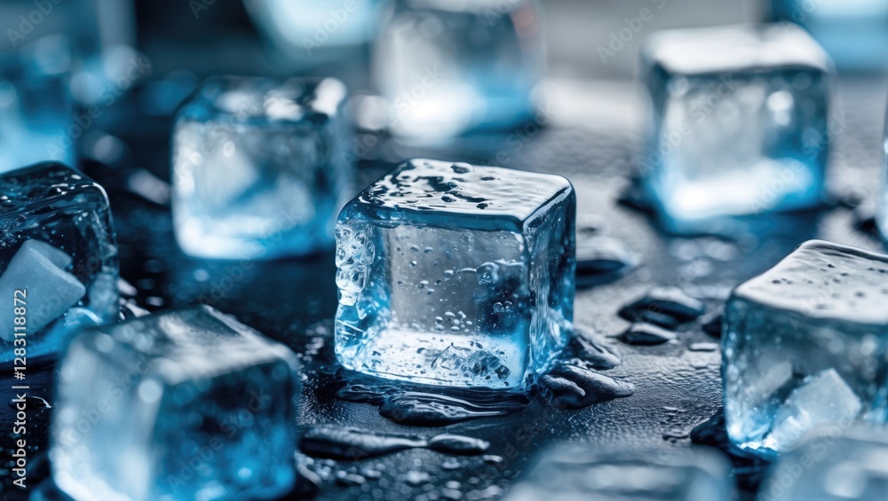 Poster close-up of ice cubes on a wet surface with water droplets and reflections in a cool-toned setting