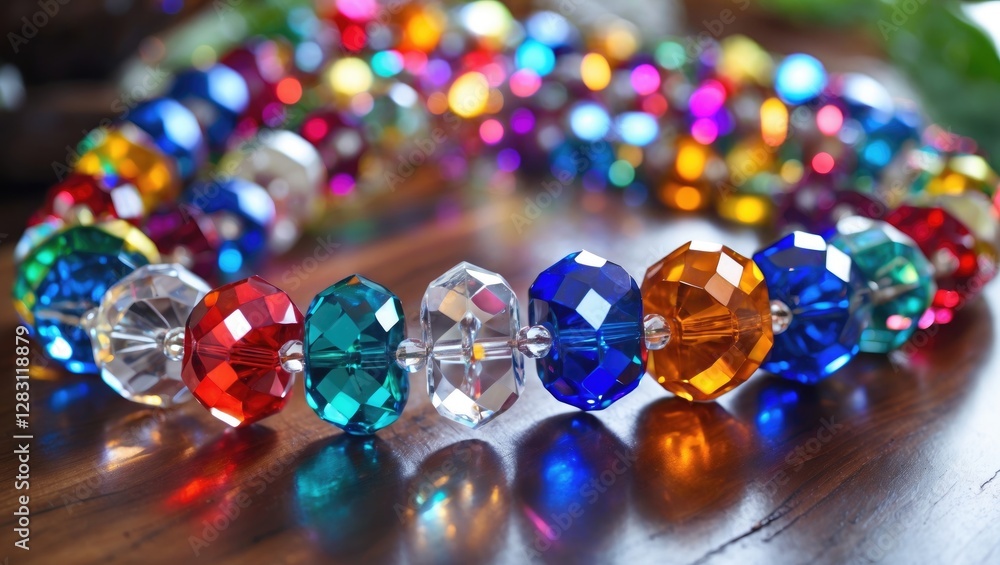 Poster colorful crystal beads arranged in a circular pattern on a wooden surface with soft lighting and a b