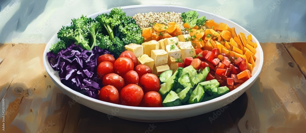Poster colorful buddha bowl with tofu quinoa and vibrant fresh vegetables arranged neatly in a large white 
