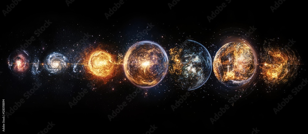 Poster vibrant cosmic evolution showing nine celestial bodies from left to right with fiery oranges, deep b