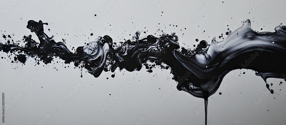 Fototapete abstract black ink droplets on a gray background create a modern aesthetic with fluid shapes flowing