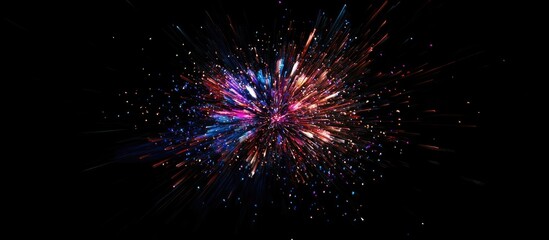 Fototapeta premium Vibrant multicolored fireworks explode in the center against a deep black sky, showcasing bursts of pink, blue, and gold light in dynamic display.