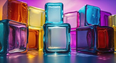 Colorful acrylic ice cubes arranged artistically with soft lighting and gradient background creating a vibrant abstract composition