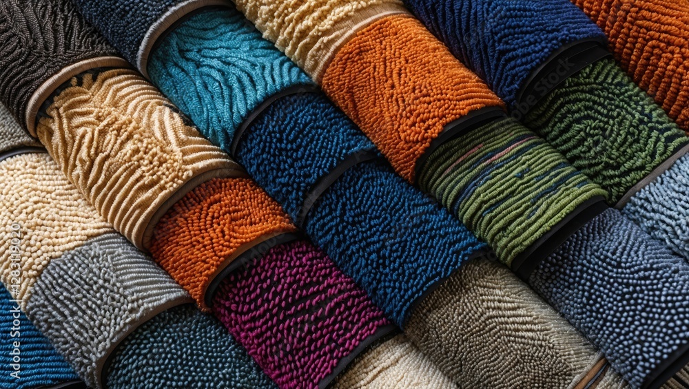 Poster colorful rolls of textile material arranged in overlapping layers showcasing various textures and pa