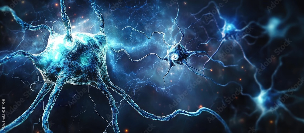 Poster Abstract depiction of glowing blue neurons interconnected in a dark cosmic background with shimmering particles of light creating depth and intrigue.
