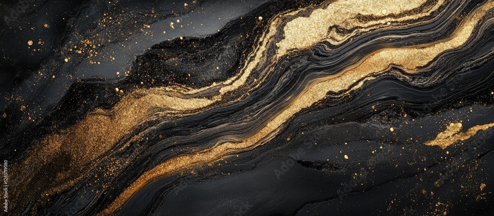 Poster abstract design showcasing flowing gold and black waves with shimmering particles, elegantly layered