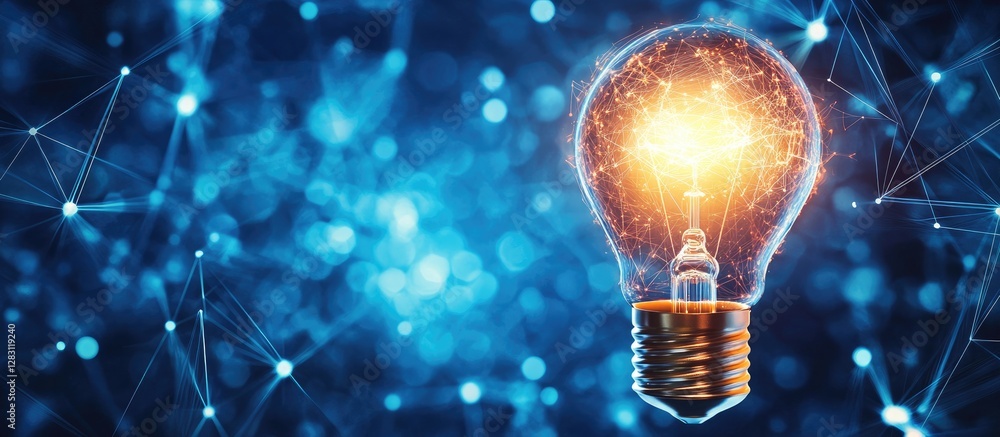 Poster glowing light bulb with bright filament on left side against a blurred blue digital background with 