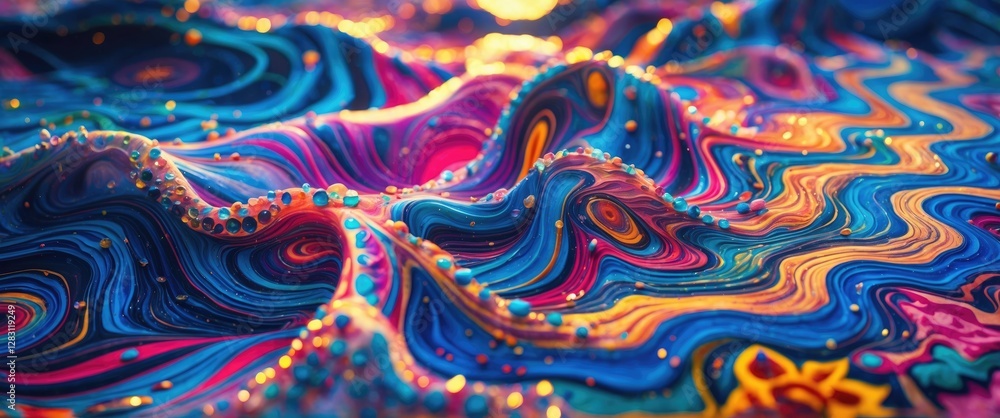 Poster colorful abstract patterns on textured surface with flowing wave-like shapes in vibrant hues of blue