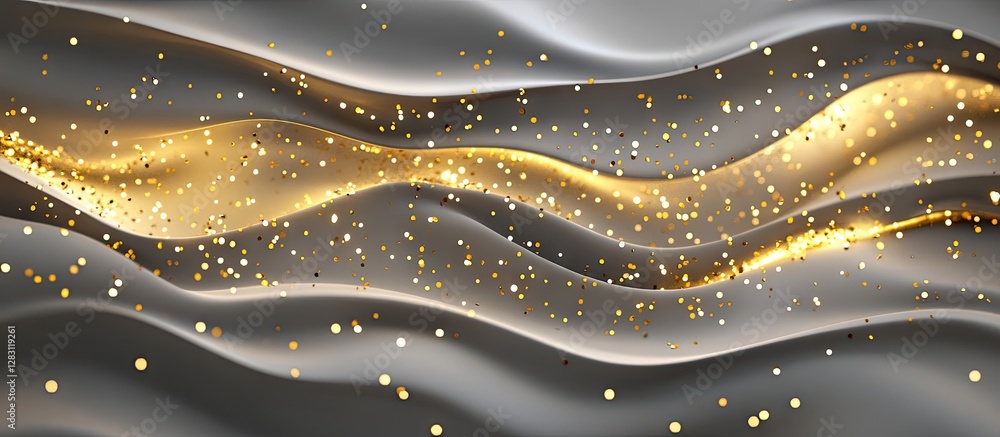 Poster abstract golden confetti waves on a soft gray background create a dynamic visual effect with flowing