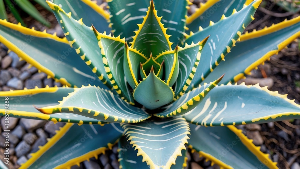 Poster aerial view of vibrant green succulent with yellow edges and intricate leaf patterns against a textu