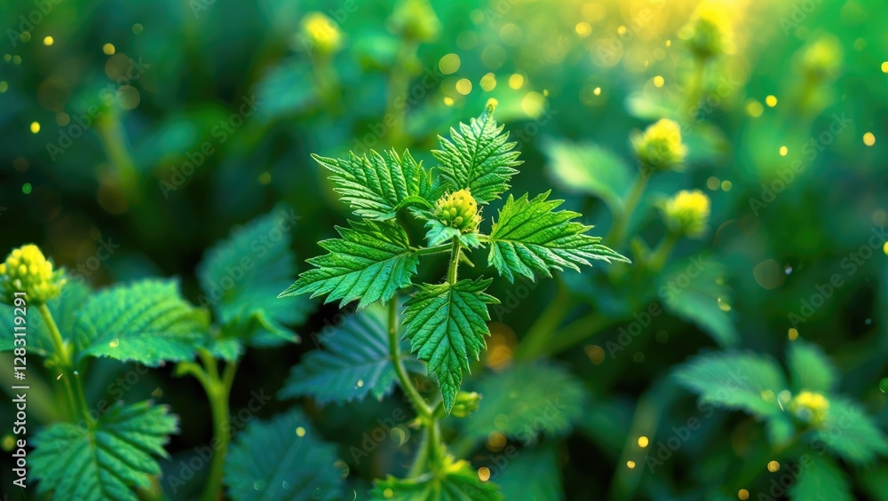 Poster close-up of green nettle plants with leaves and buds in a vibrant natural setting with a soft bokeh 