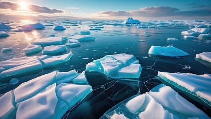 Ice floes on calm ocean water during sunset with scattered snow and reflections in clear icy landscape