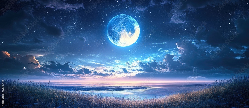 Poster mesmerizing night sky with a bright full moon surrounded by soft clouds above a serene ocean reflect