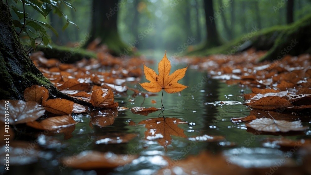 Poster single maple leaf floating in still water surrounded by autumn foliage in a serene forest setting wi
