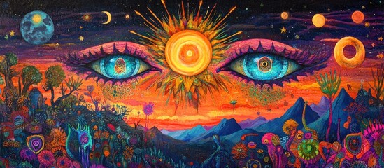 Vibrant psychedelic portrait with blue eyes and a radiant sun set against a surreal landscape of vivid colors, cosmic elements, and imaginative designs.