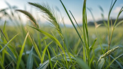 Fototapeta premium Green grass blades with dew in early morning light landscape nature close up foto