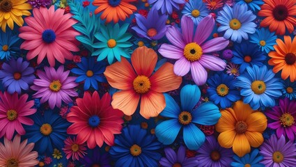 Colorful assortment of various flowers in vibrant hues featuring daisies and other blossoms on a textured background