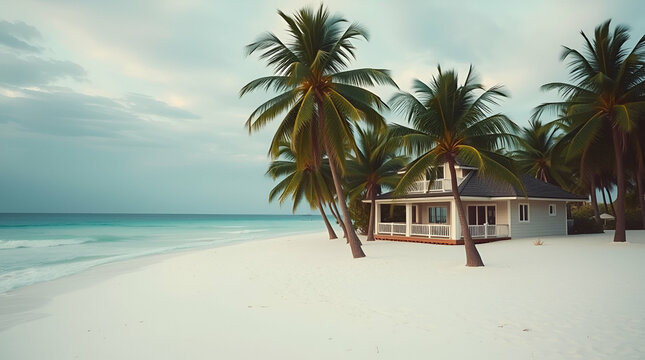 A tropical beach bungalow with a thatched roof and wooden balcony on white sandy shores, overlooking the turquoise ocean with palm trees and blue sky, creating a serene vacation retreat setting