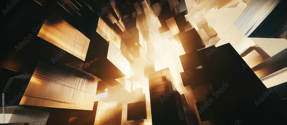 Aufkleber abstract golden and black architectural background depicting a glowing sunlight effect emanating fro