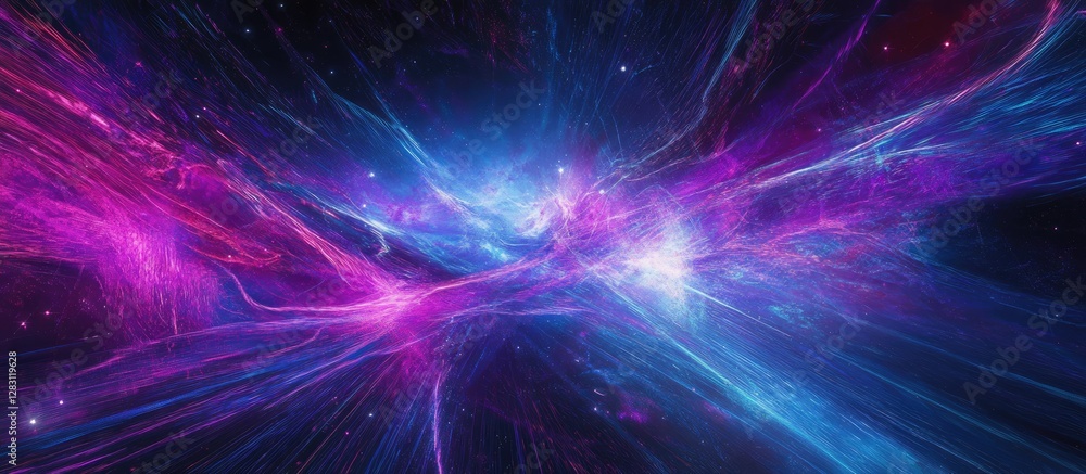 Poster vibrant violet and blue neon lines swirl in three-dimensional space creating an immersive colorful a