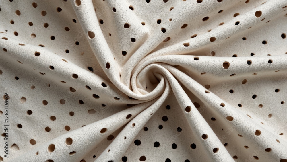 Poster textured fabric with circular cutouts arranged in a swirling pattern on a light background
