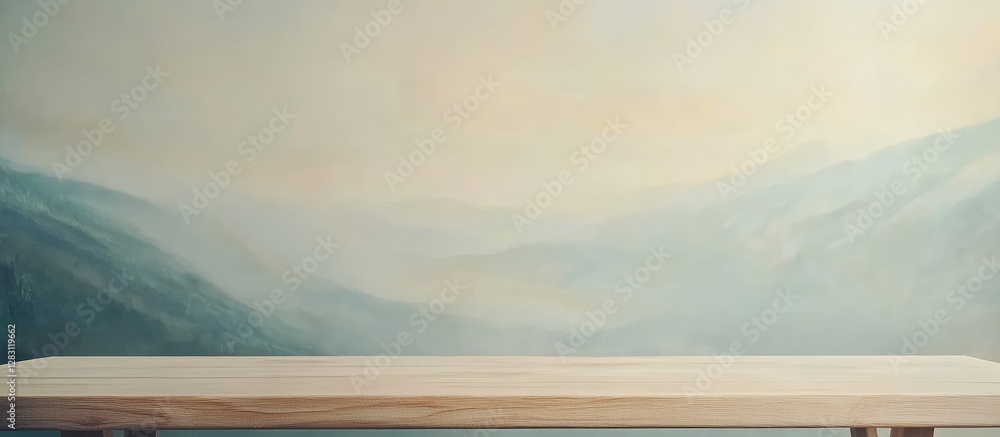 Poster light wooden table centered against a softly blurred green and blue natural backdrop creating a sere