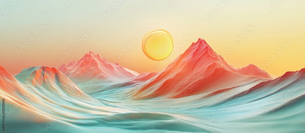Poster sunset over colorful mountains and valleys with soft gradients of peach and turquoise, featuring a p