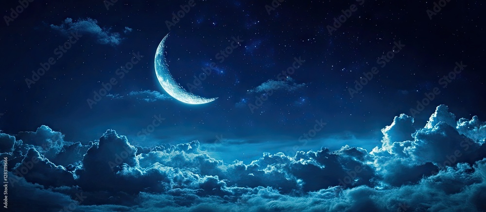 Aufkleber Serene blue night sky with a crescent moon surrounded by soft white clouds illuminated by subtle light, perfect for backgrounds and designs.