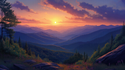 Obraz premium Stunning sunset over smoky mountains, with warm hues and misty clouds enveloping the scene