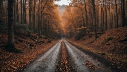 Fototapeta premium Autumn forest road with trees shedding leaves in warm orange tones on a misty day in a rural landscape setting