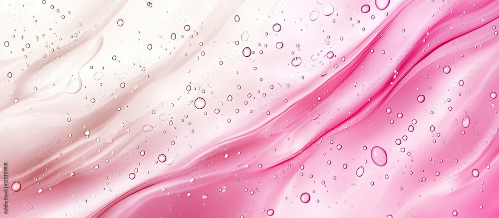 Poster elegant pink and white abstract background with soft flowing waves and water droplets, creating a se