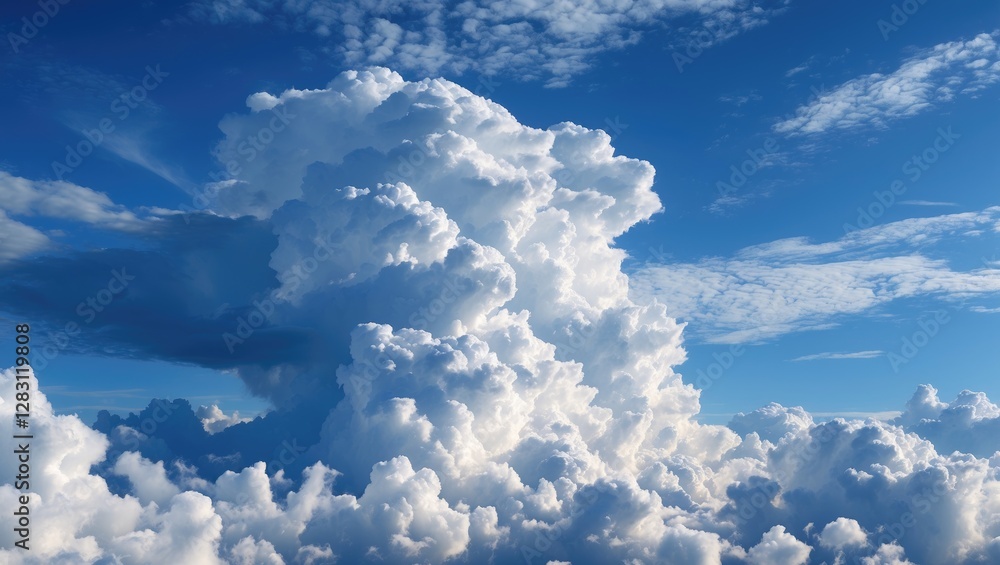 Poster cumulonimbus clouds with deep blue sky and wispy cirrus clouds in the background under bright daylig
