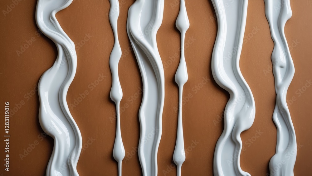 Poster white cream or paint drizzling on a brown background with various flowing patterns and textures.