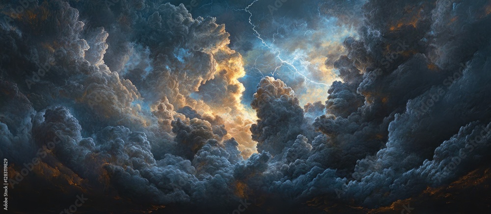Poster dramatic stormy sky with dark blue and gray clouds illuminated by golden-orange light emanating from